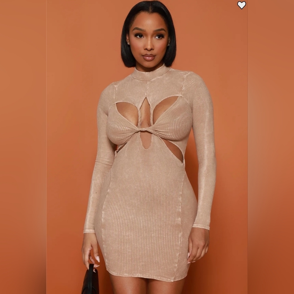 #025.B Swank A Posh Sz M (6-8) / Taupe / Cut Out Mini Dress - Picture 7 of 14